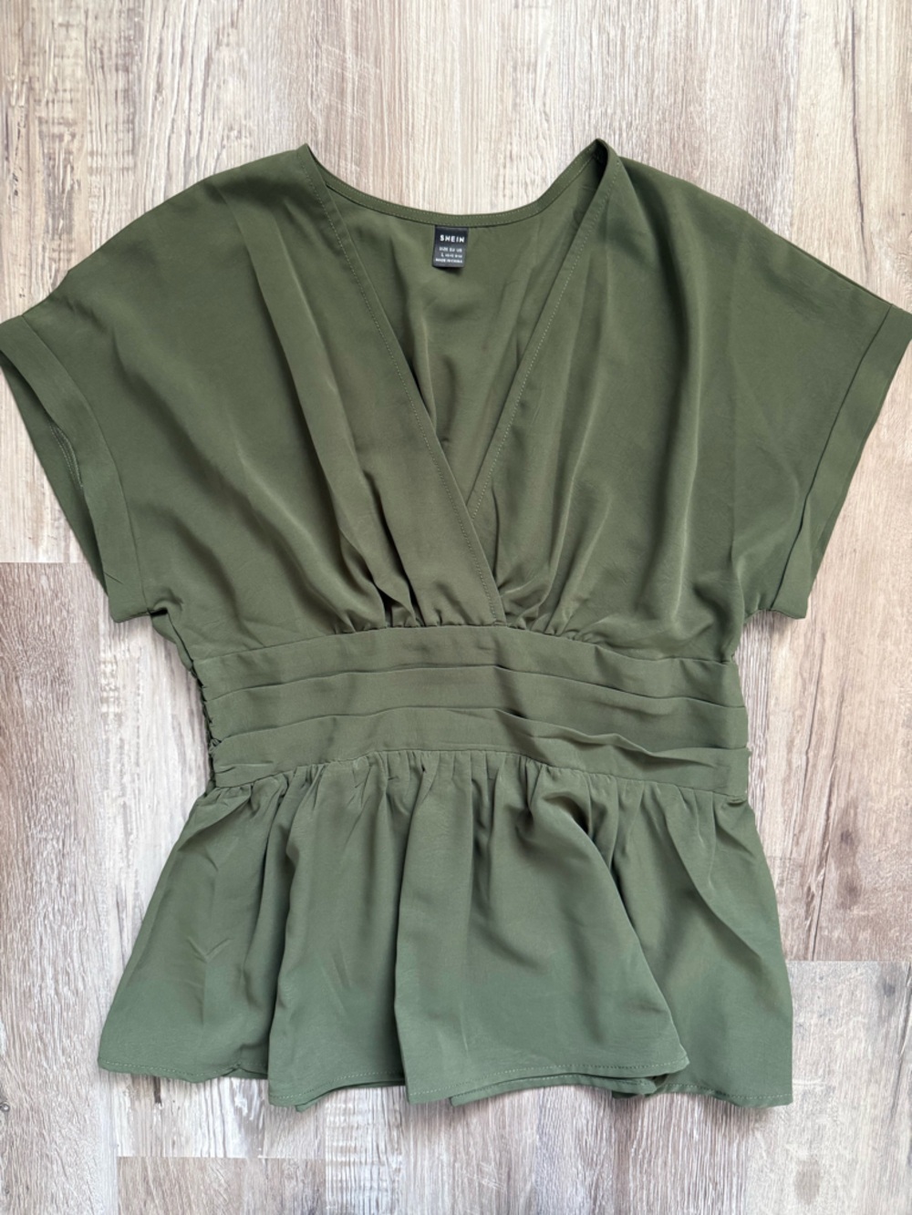 SHEIN Olive Green V-Neck Cinched Waist Peplum Top